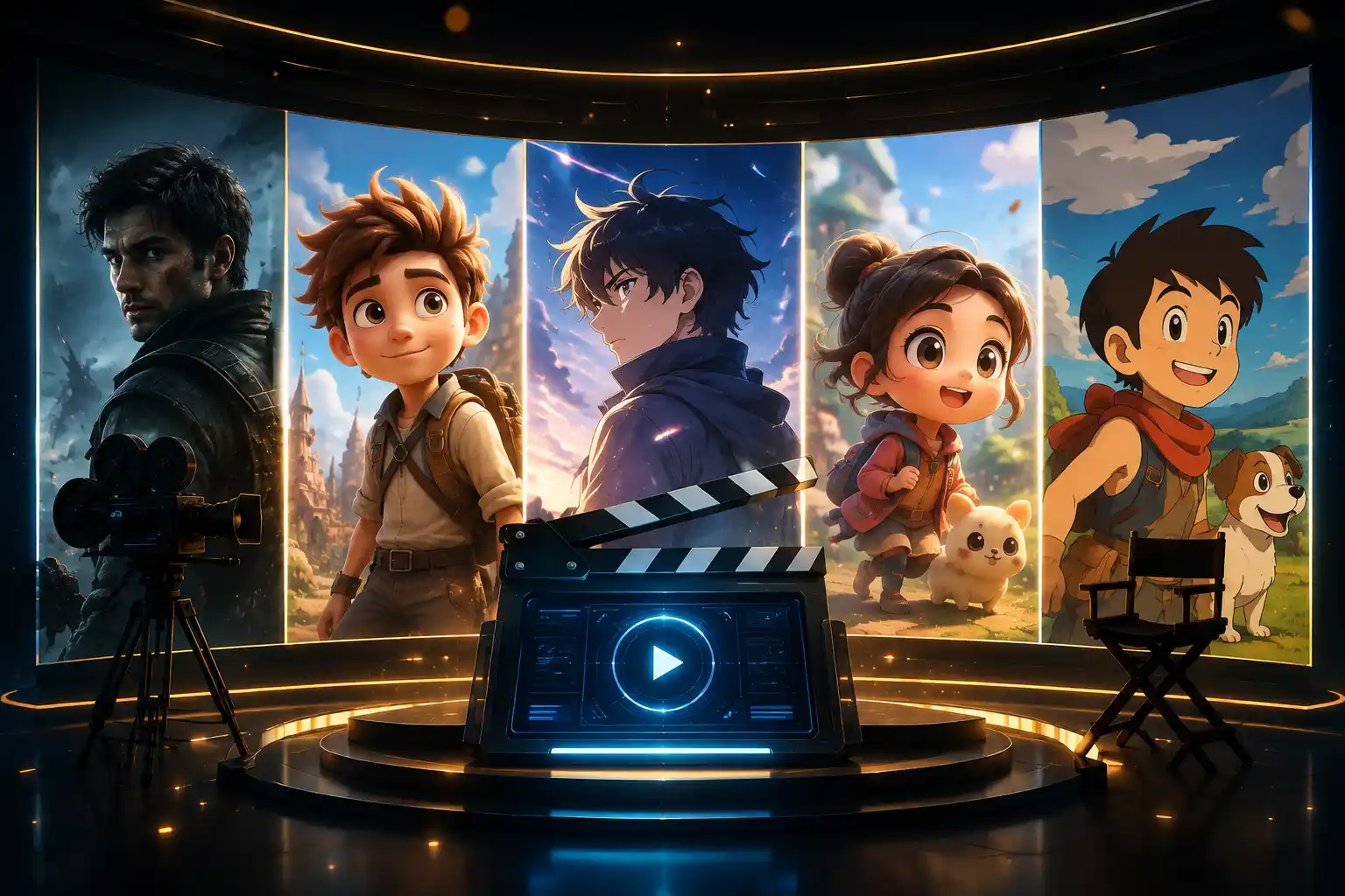 Contoh berbagai gaya visual film AI di studio sinematik